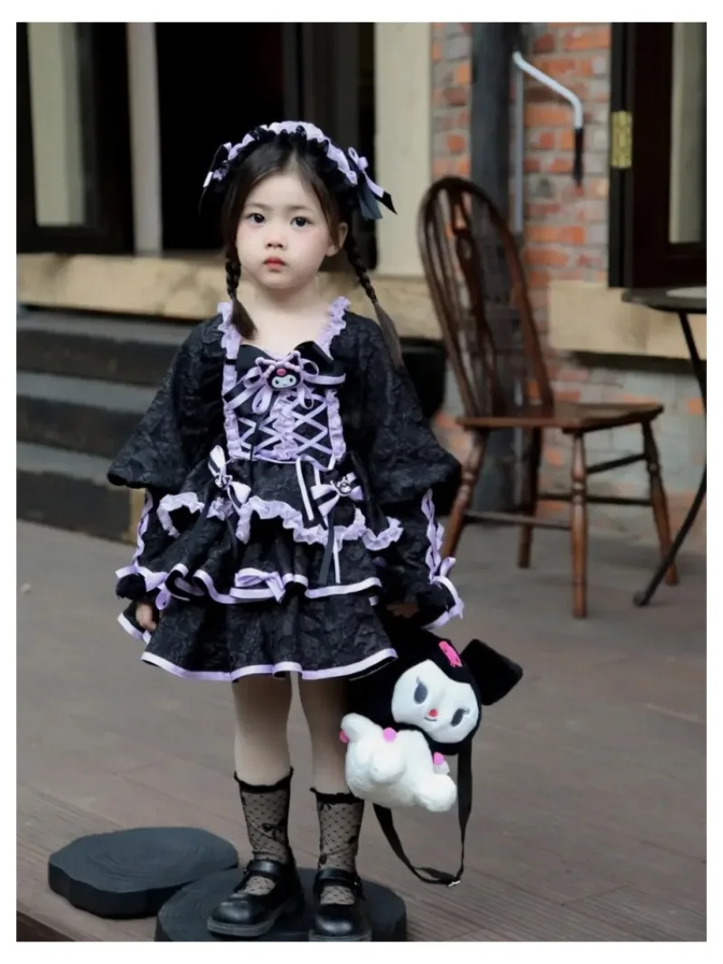 

Sanrios Kuromi Children Cute Lace Dress Anime Kawaii Girls Bow Knot Lolita Skirt Cartoon Long Sleeve Princess Dress Kids Gift