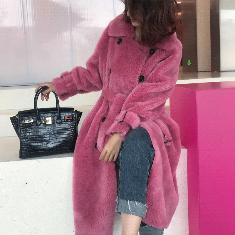 New Woman Double Button Real Fur Coat Female Vintage Jacket Winter Midi-length Turn-down Collar Natural Fur Coats Outerwear G192