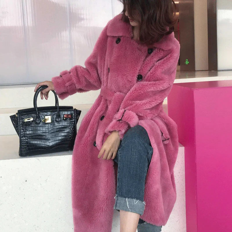 

New Woman Double Button Real Fur Coat Female Vintage Jacket Winter Midi-length Turn-down Collar Natural Fur Coats Outerwear G192