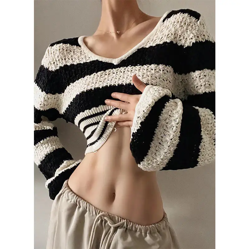 

Vintage Striped Knit Long Sleeve Shirt Women's Trendy Chic Crop Top Hottie Loose V-Neck Y2k Harajuku Aesthetic Clothes