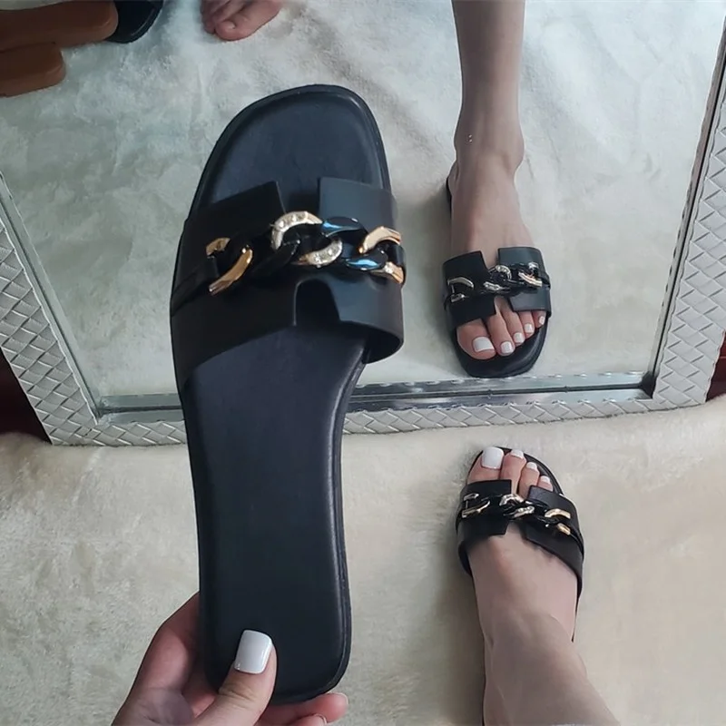

Ladies Chain Flat Sandals Summer 2022 New Casual Slippers Fashion Ladies Slippers Roman Beach Slingback Walking Slippers Women