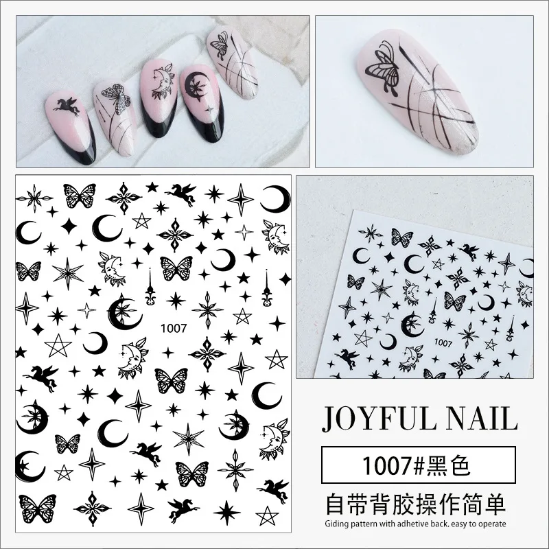 

1PCS Black white nail sticker for manicure decoration nail tip beauty moon star butterfly sun geometric space slider nail decal