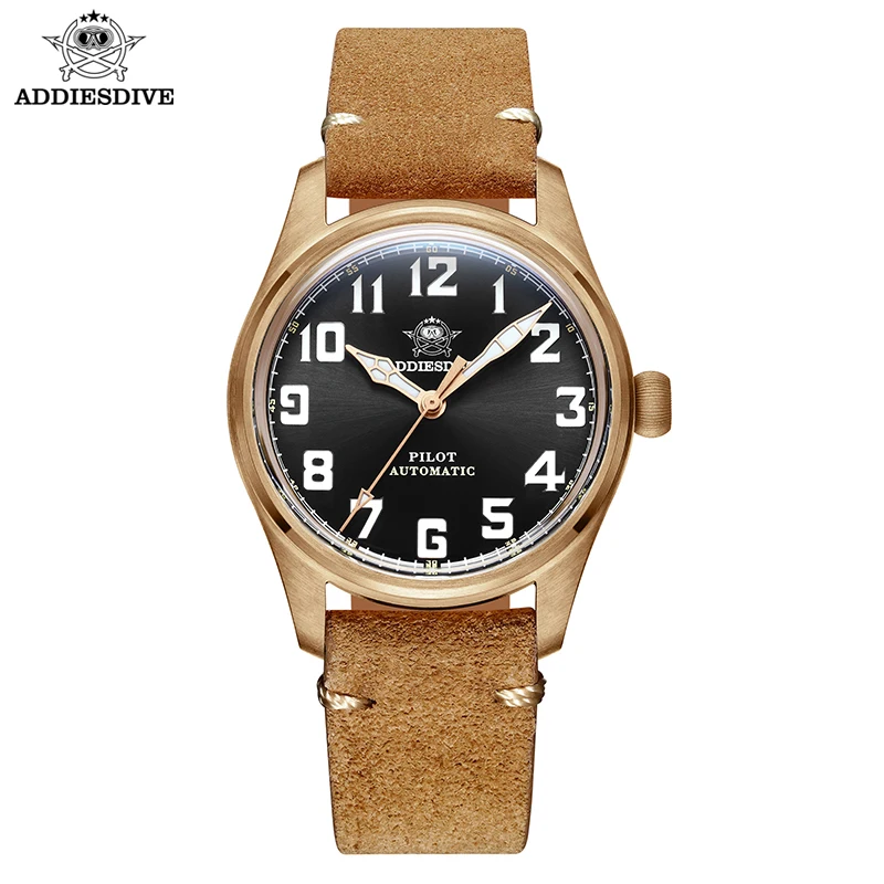 

ADDIESDIVE 39mm Bronze Pilot Watch Vintage Bubble Sapphire Glass 20Bar Waterproof BGW9 Lume NH38 Automatic Men's Watches Religio