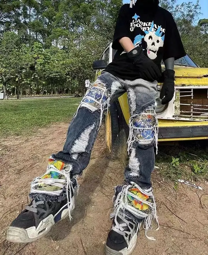European Style Jeans High Street Washed Heavy Embroidery Loose Straight Ripped Jeans Men's Streetwear European and American Men