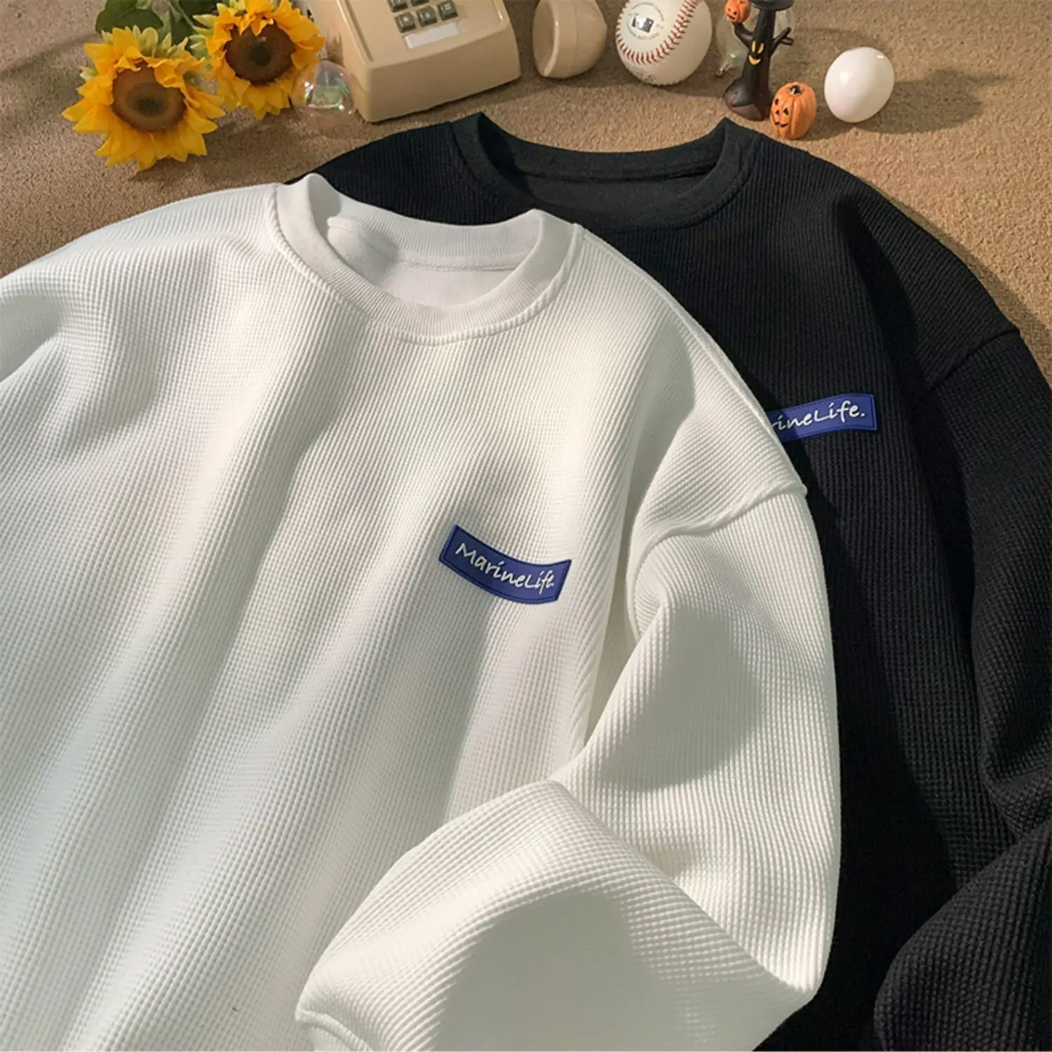 

Waffle Sweater Men's Fashion ins Autumn Winter Loose Oversize Coat High Street Heavy Brown Coffee Top