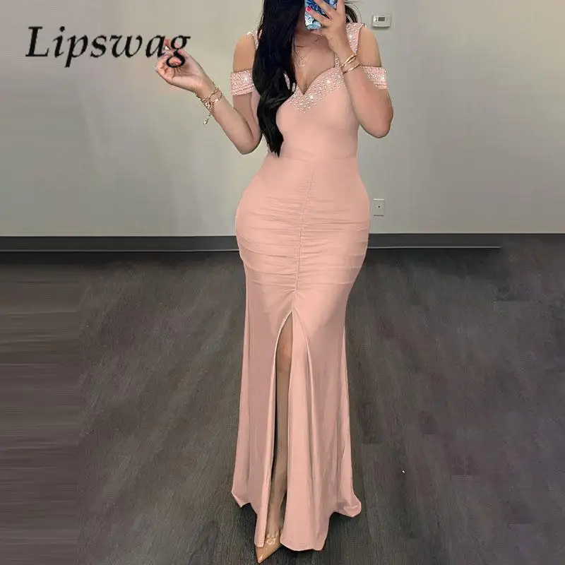 

Модное однотонное тонкое Плиссированное длинное платье с разрезом, женское соблазнительное платье с запахом на бедрах, юбка-годе, сексуальное платье с V-образным вырезом и открытыми плечами