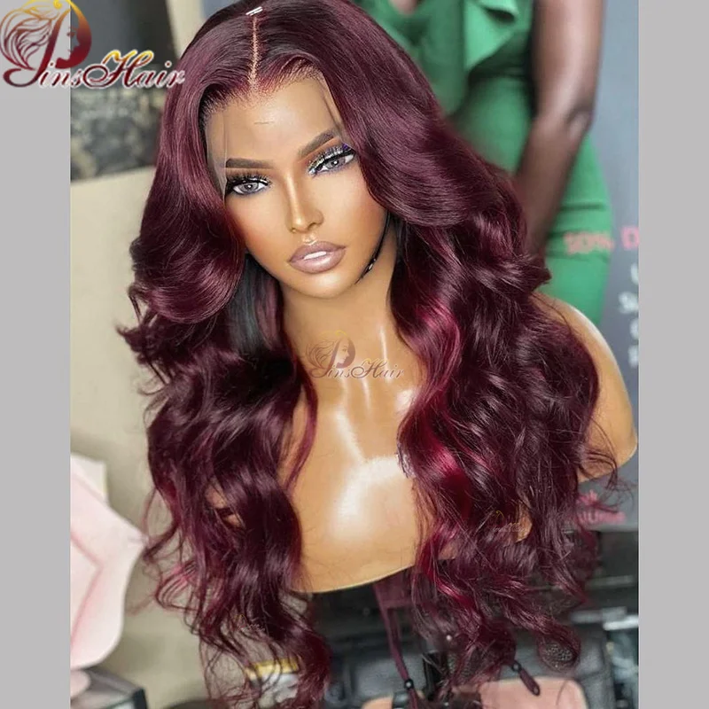 Burgundy Lace Front Wig 30 Inch 99J Red Colored 13×4 Transparent Body Wave Lace Frontal Human Hair Wigs Peruvian Remy PrePlucked