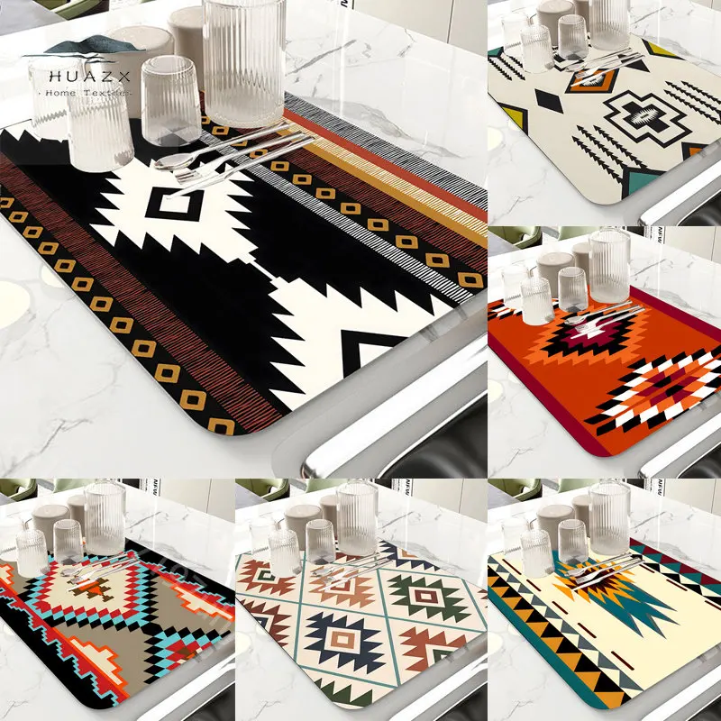 

Geometric Southwest Dish Drying Mat Super Absorbent Bathroom Washroom Kitchen Tablemat Placemat Coffee Cup Dinnerware Drain Pad