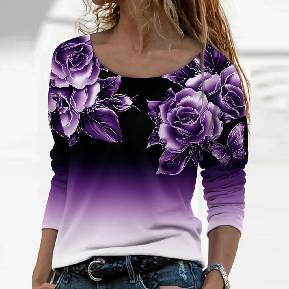 

Trendy Women Shirt Gradient Color Spring Blouse Soft Great Stitching Women Shirt Print