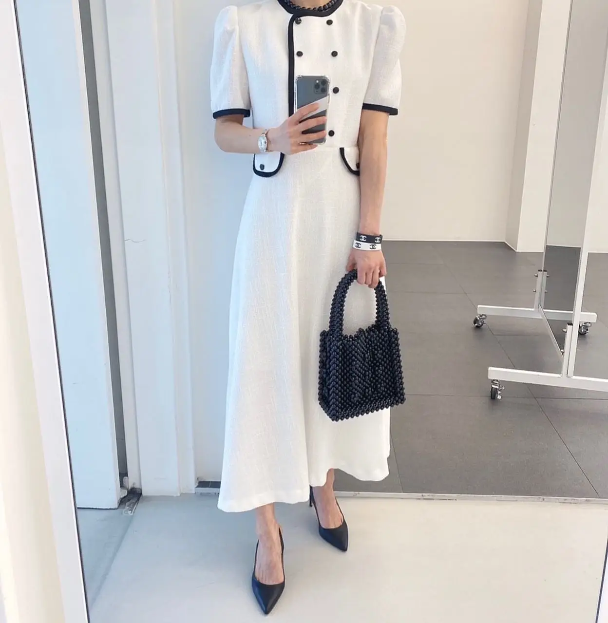 

Chic Fashin Elegant Designer Korean Women Summer Black White Patchwork O Neck Double Breasted Short Sleeve Long Dress New 2022