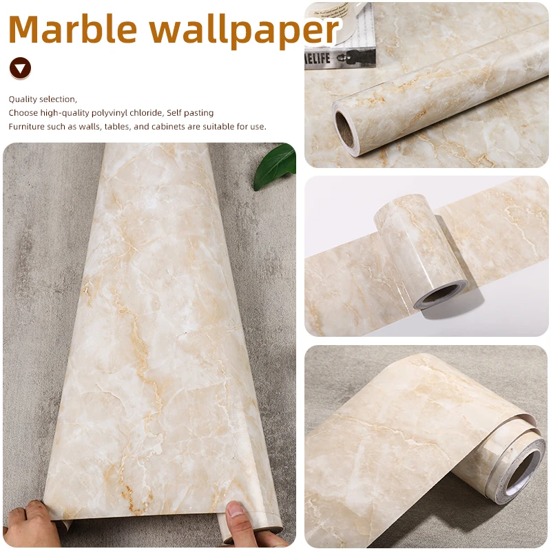Самоклеящиеся водостойкие мраморные бежевые обои в рулоне для декора кухни