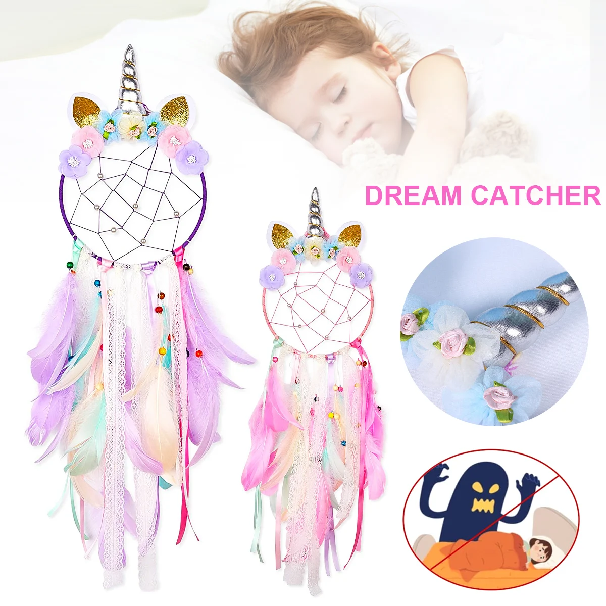 

Colorful Unicorn Dream Catchers Handmade Flowers Wall Hanging Dream Catcher for Kids Girls Wall Decoration Blessing Gift