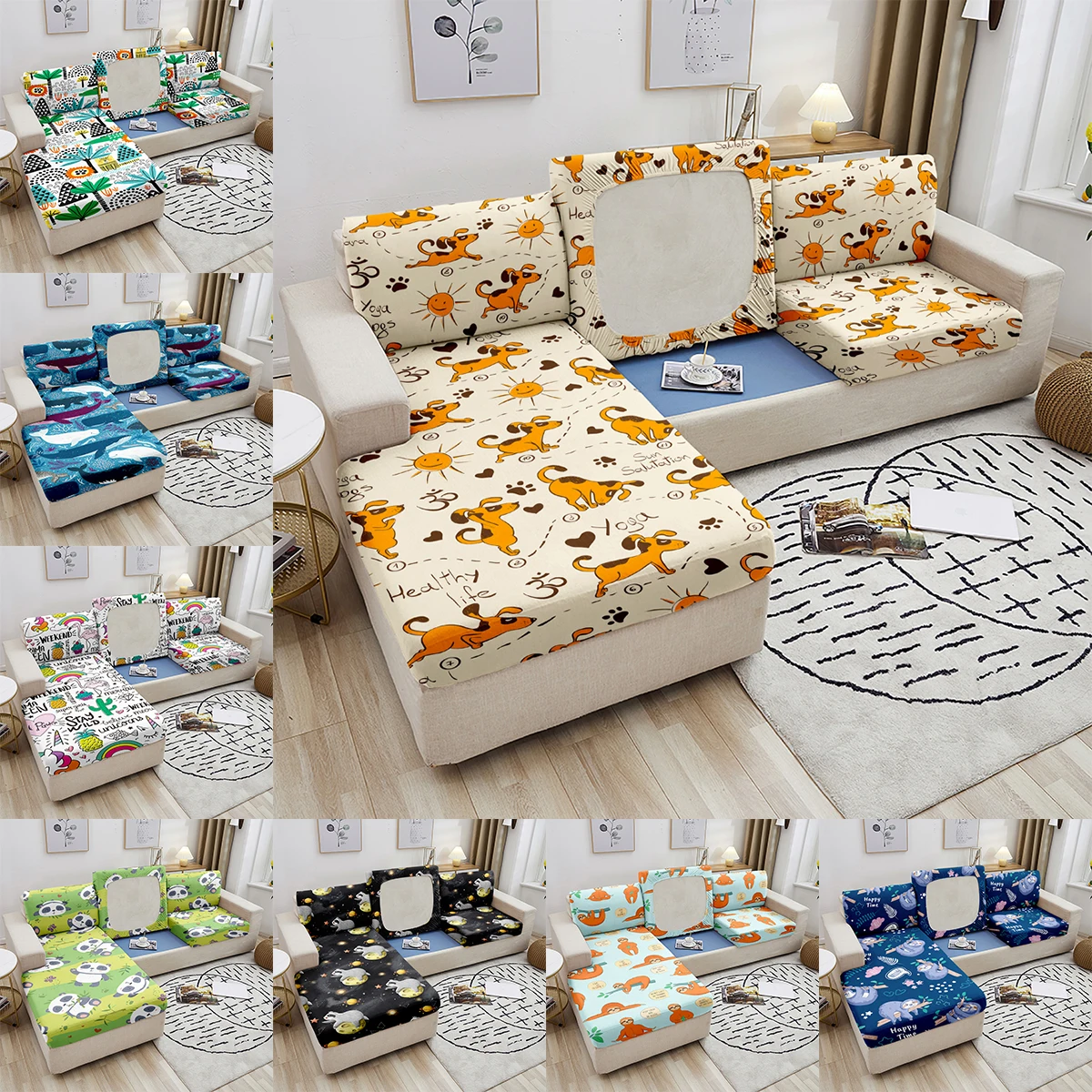 

Cartoon Animal Printed Sofa Seat Cushion Cover 1/2/3/4 Seater Spandex Elastic Sofa Seat Case Pets Kids Furniture Protector