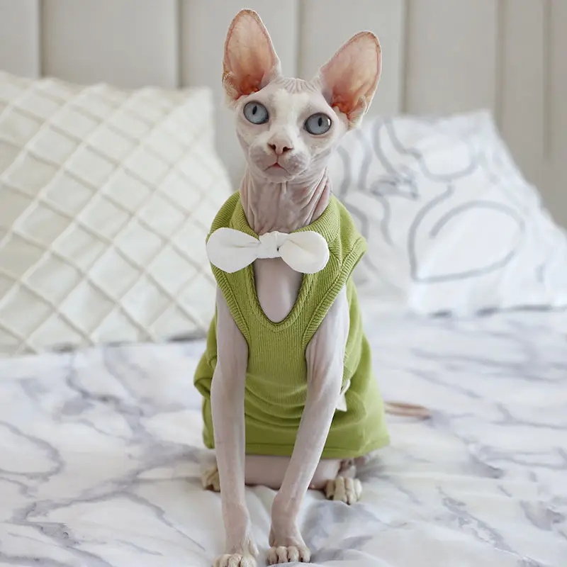 

Sphinx Devon Rex hairless cat clothes summer cotton thin bow sweet V vest KItty Outfits bottoming shirt Clothes for Sphynx Cat