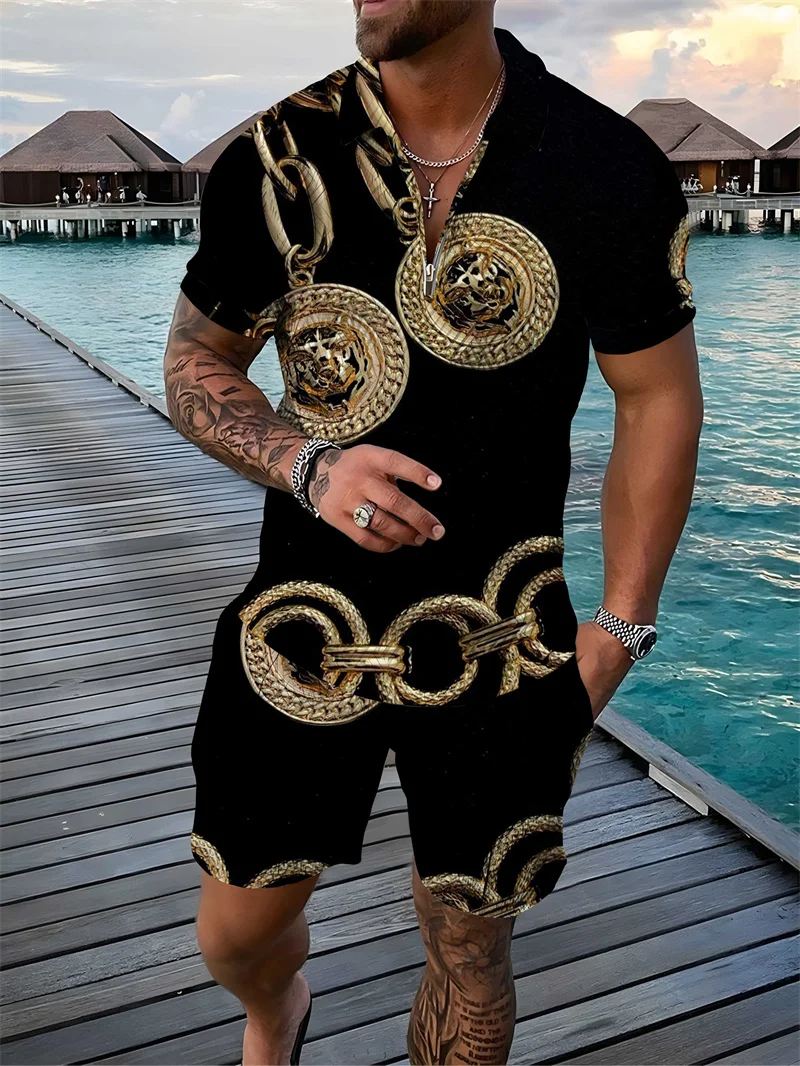 

Fashion Summer Men's Tracksuit Short Sleeve Polo Shirt Set Luxury Chain Print Clothing 2 Pieces Casual Suit Streetwear Outfit
