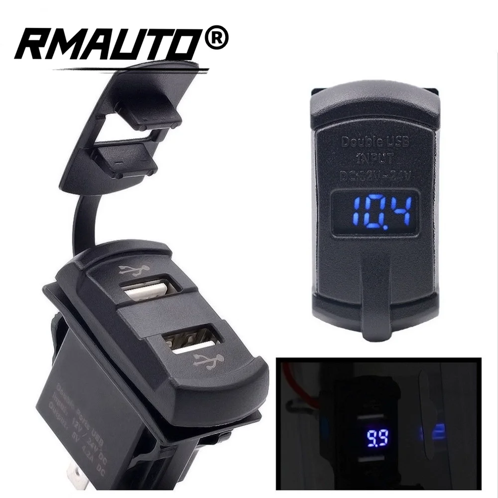 

Car Boat Universal Rocker Style 4.2A Dual USB Charger Socket with Blue LED Digital Voltmeter Gauge Rocker Switch