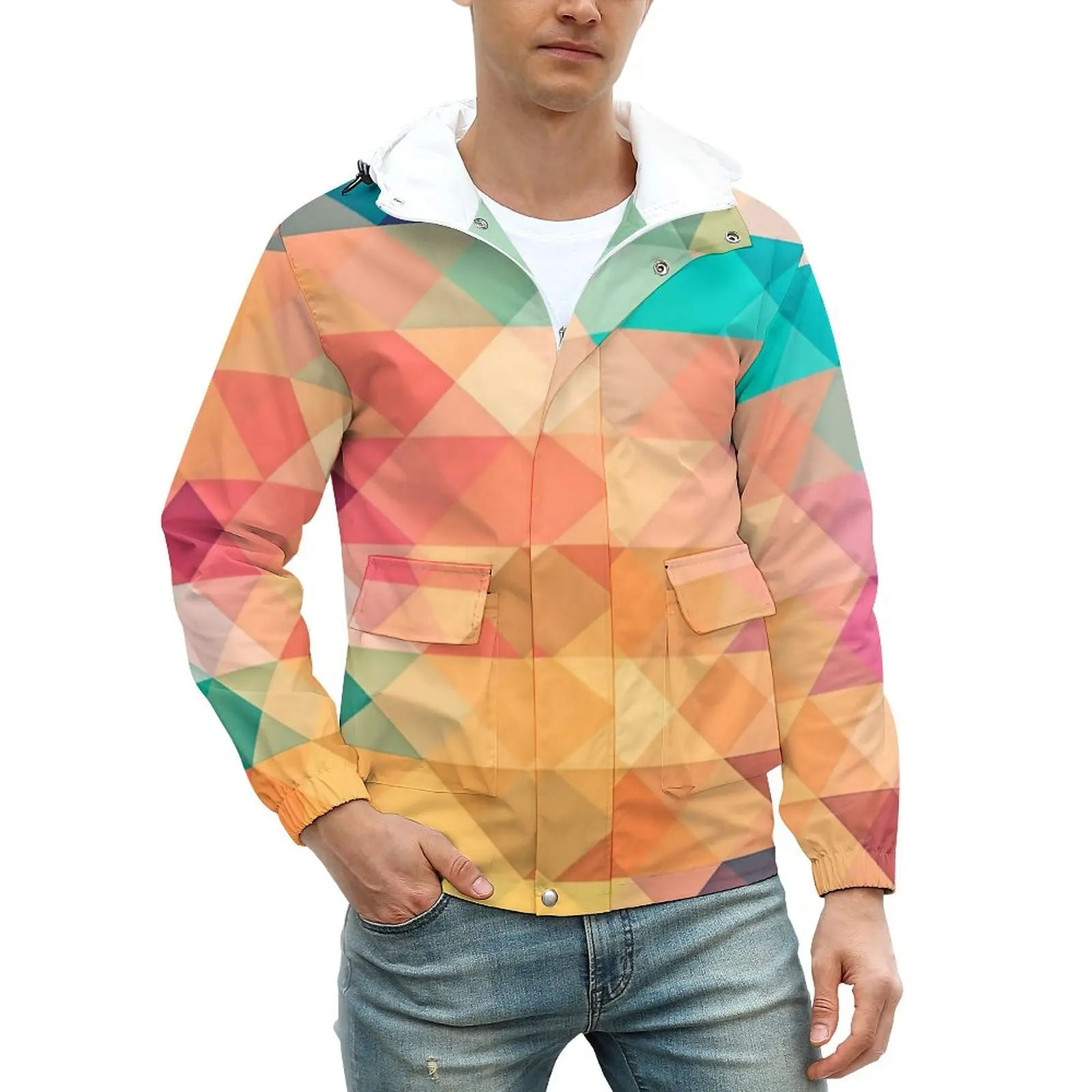 

Пастельные геометрические куртки, Осенние крутые повседневные пальто с принтом Омбре, Мужская водонепроницаемая Классическая ветрозащитн...