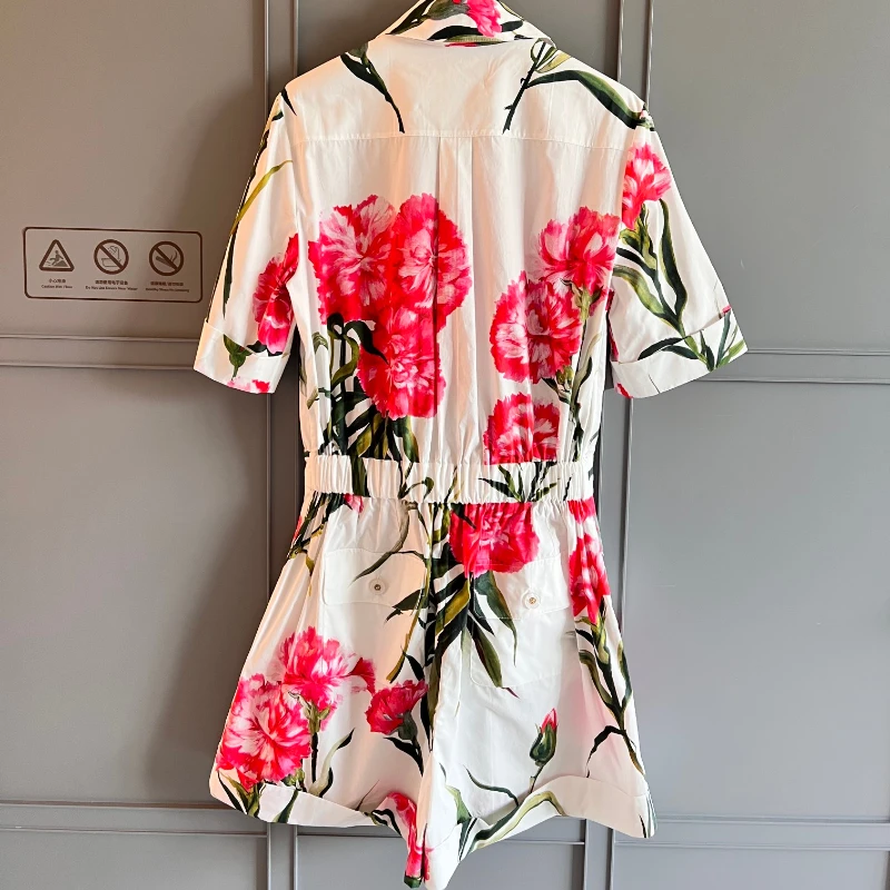 New Arrival Top Quality Poplin Turn Down Collar Short Sleeve Patchwork Buttons Floral Position Print Playsuits for Women