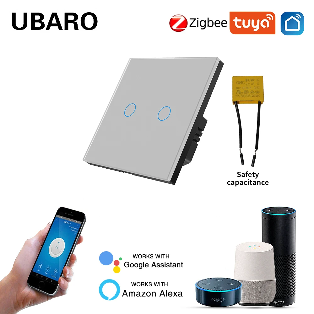 Фото UBARO Tuya умный дом WIFI настенный выключатель света 2Gang работает с Google Assistant Amazon Alexa Yandex Alice датчик голосового управления №3