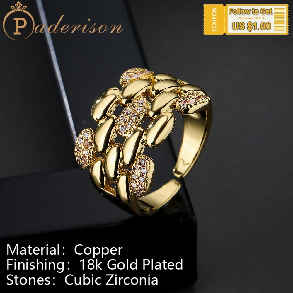 

18k Gold-plated Hiphop Geometric Chain Wide Opening Ring Unisex Men Women Punk Zircon Gold Color Adjustable Ring Fashion Jewelry