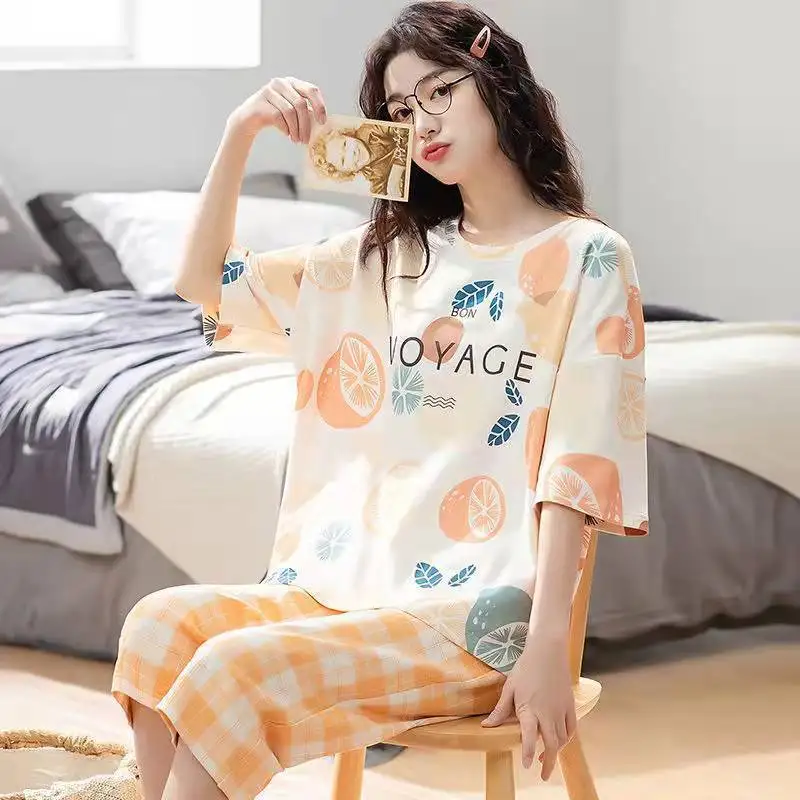 Summer Plaid Women Sleep Lounge Pajama Short-Sleeved Pajama Sets Cartoon Pyjamas Polyester Sleepwear M-5XL Plus Size Home Sets