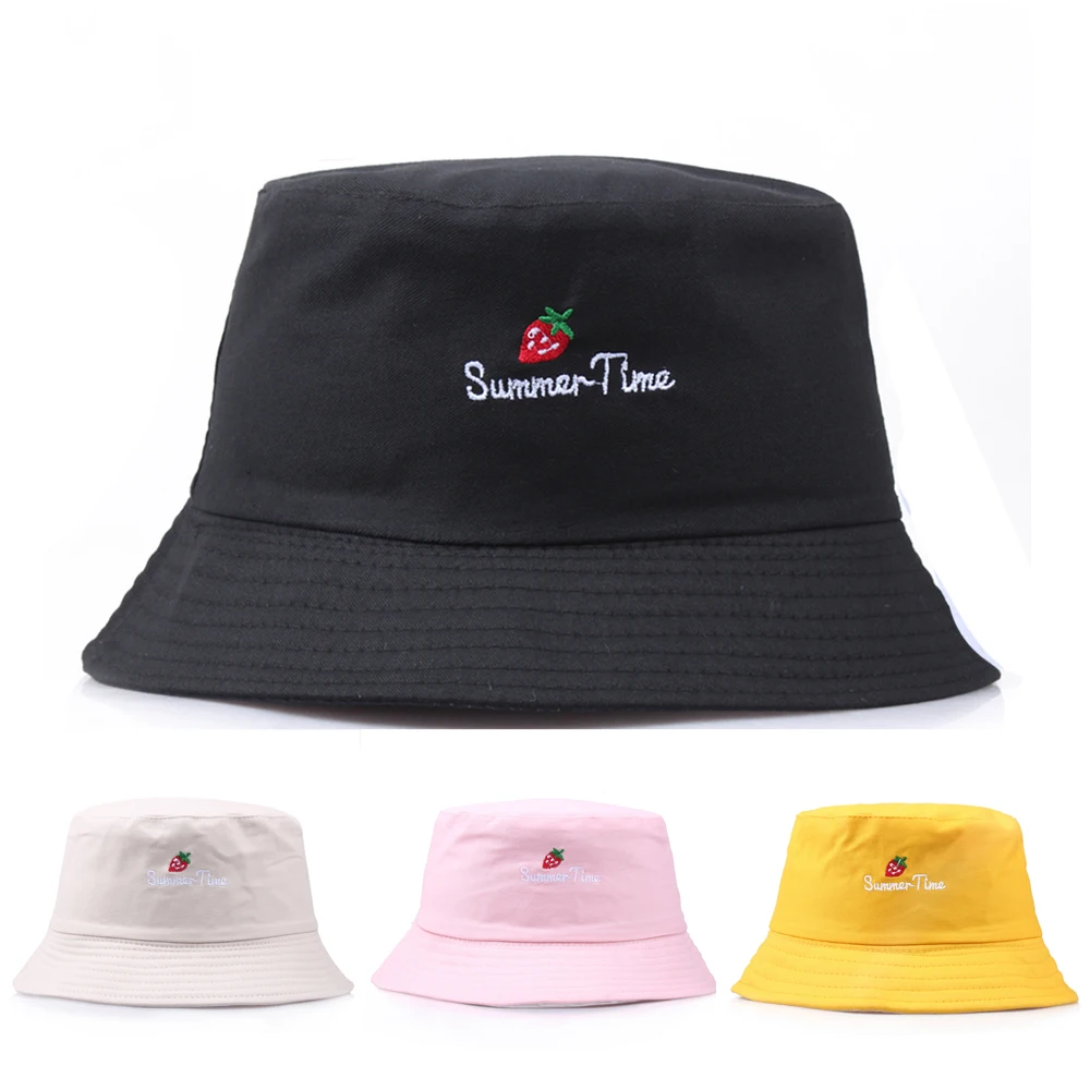 

Summer Strawberry Print Bucket Hat for Women Men Unisex Fashion Embroidery Spring Panama Cotton Fishing Caps Bob Fisherman Hat