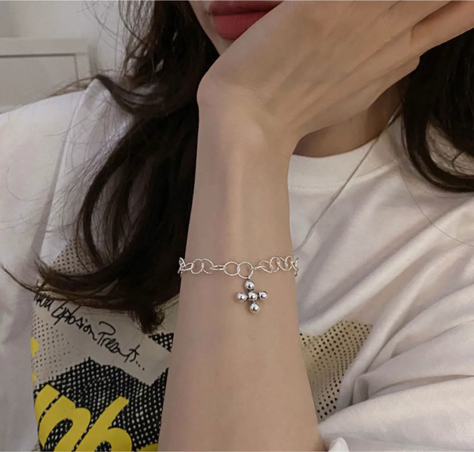 

2023 new trend Simple Silver Plated bracelets Round Bead cross retro Bracelets for women Fashion Jewelry