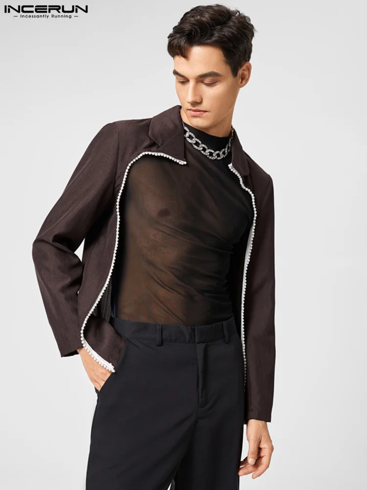 

Пиджак INCERUN мужской с отложным воротником и длинным рукавом, Модный повседневный ажурный костюм в стиле пэчворк, тонкий жакет с вышивкой, ул...