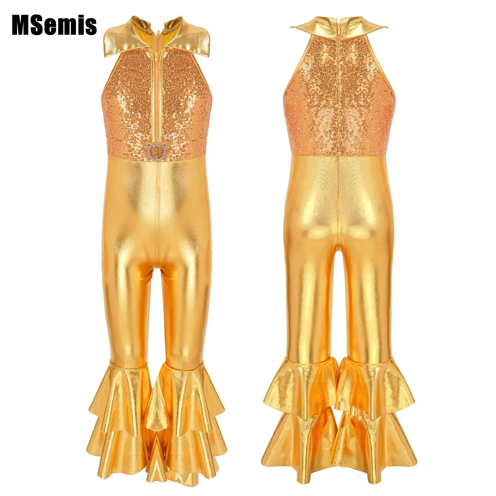 

Kids Girls Shiny Sequins Jumpsuit Sleeveless O-ring Front Tiered Bell-bottom Long Pants Style Decorated Zipper Dance Leotards