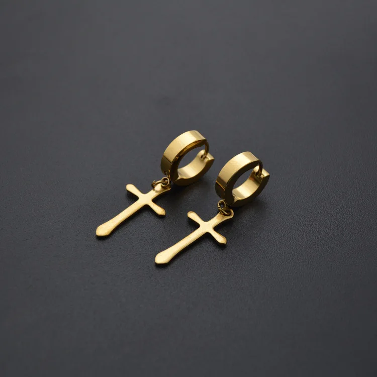 

Fashion Men Women Punk Cross Pendientes Silver Color Gold Black Titanium Steel Round Jesus Cross Charm Hoop Earrings Jewelry