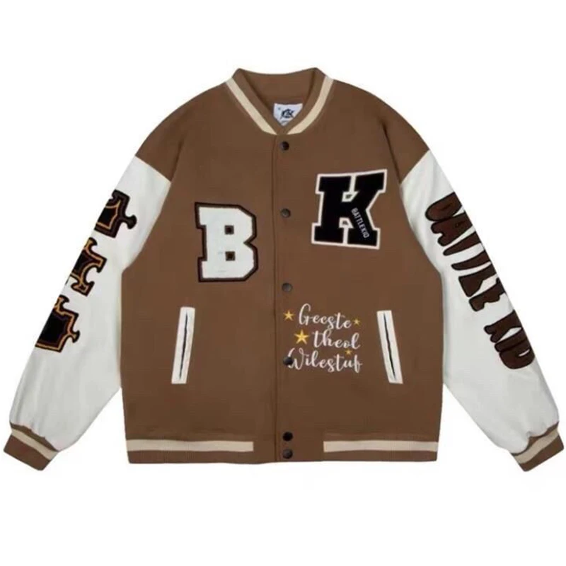 

High Street Baseball Jacket Men Women Retro Letter Embroidery PU Leather Sleeves Varsity Jackets Harajuku Oversized Coat Spring