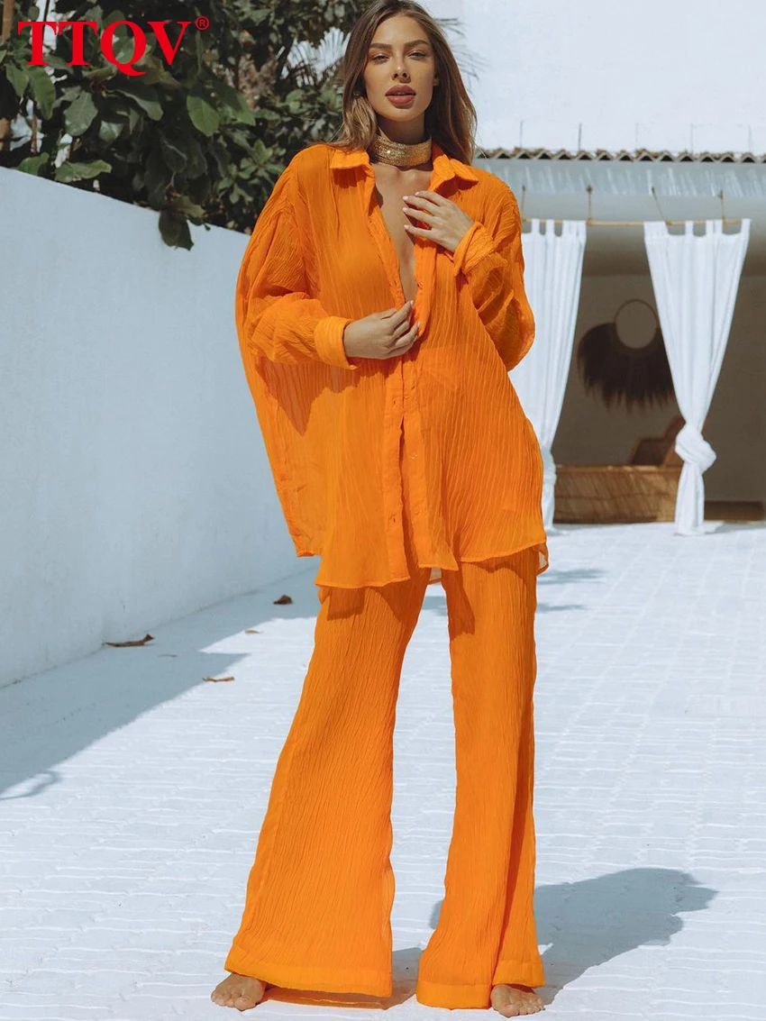 

TTQV Fashion Orange Womens Two Peice Sets Elegant Loose Long Sleeve Solid Blouses And High Waist Wide Leg Pants Sets Streetwear