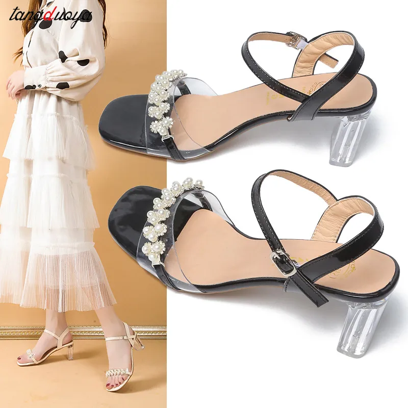 

2022 rhinestone Summer Women Sandals Square Toe Ladies Heel Mules Sexy High Heels Sandal Slippers Female Fashion Woman Shoes