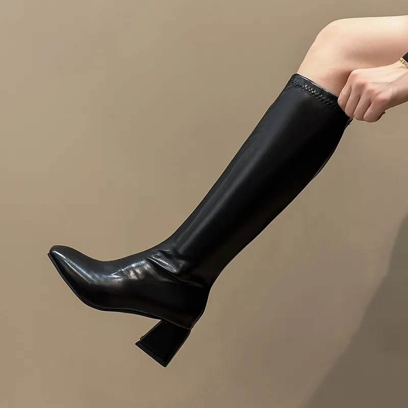 

Women Leather Boots Knee High Boots Thick Heel Round Toe Shoes Zipper Sexy Winter Autumn Black Browm 34-39