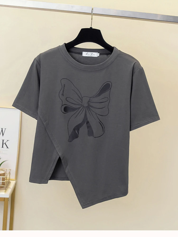 

Women Summer T-Shirts New Korean Version Westernized Age Reducing Irregular Bow Printed Leisure Time Short Sleeved T-shirt D4018