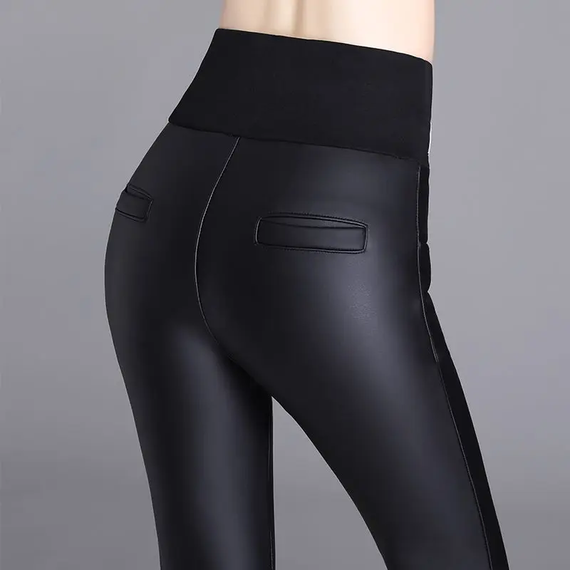 

[Matte Ribbed Sheepskin] Leather Pants Women's Velvet Padded Thickened Outer Wear Matte Leggings Autumn and Winter High Waist Wa