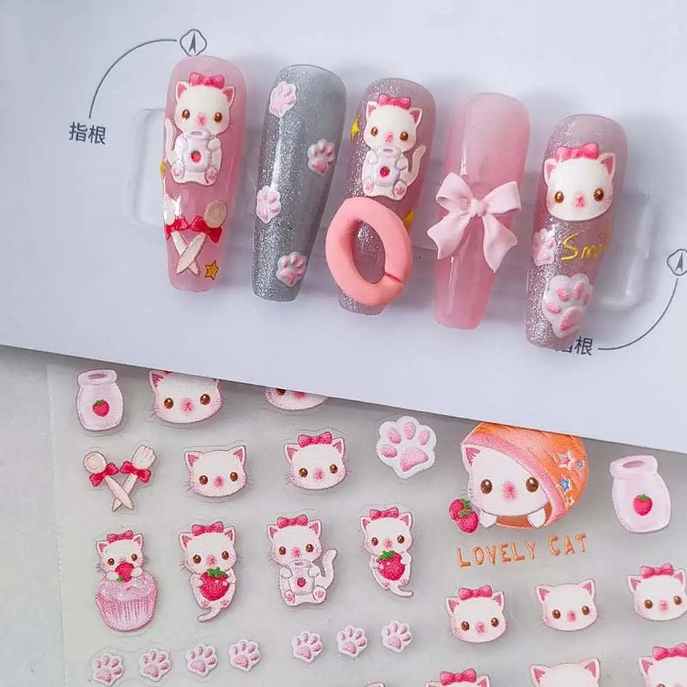 

Cute Cartoon Cat Nail Stickers Strawberry Sweet Nail Decals Bowknot Bow Self Adhesive Manicure Accessories Nail Art Decorations