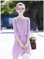 light luxury socialite purple short dress high end grace french womens clothing summer bead fashion folds vestidos mujer dress