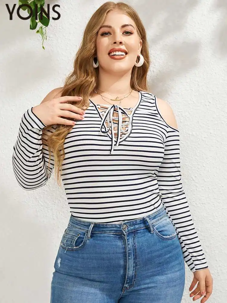 

Женская блузка в полоску, с длинным рукавом и открытыми плечами