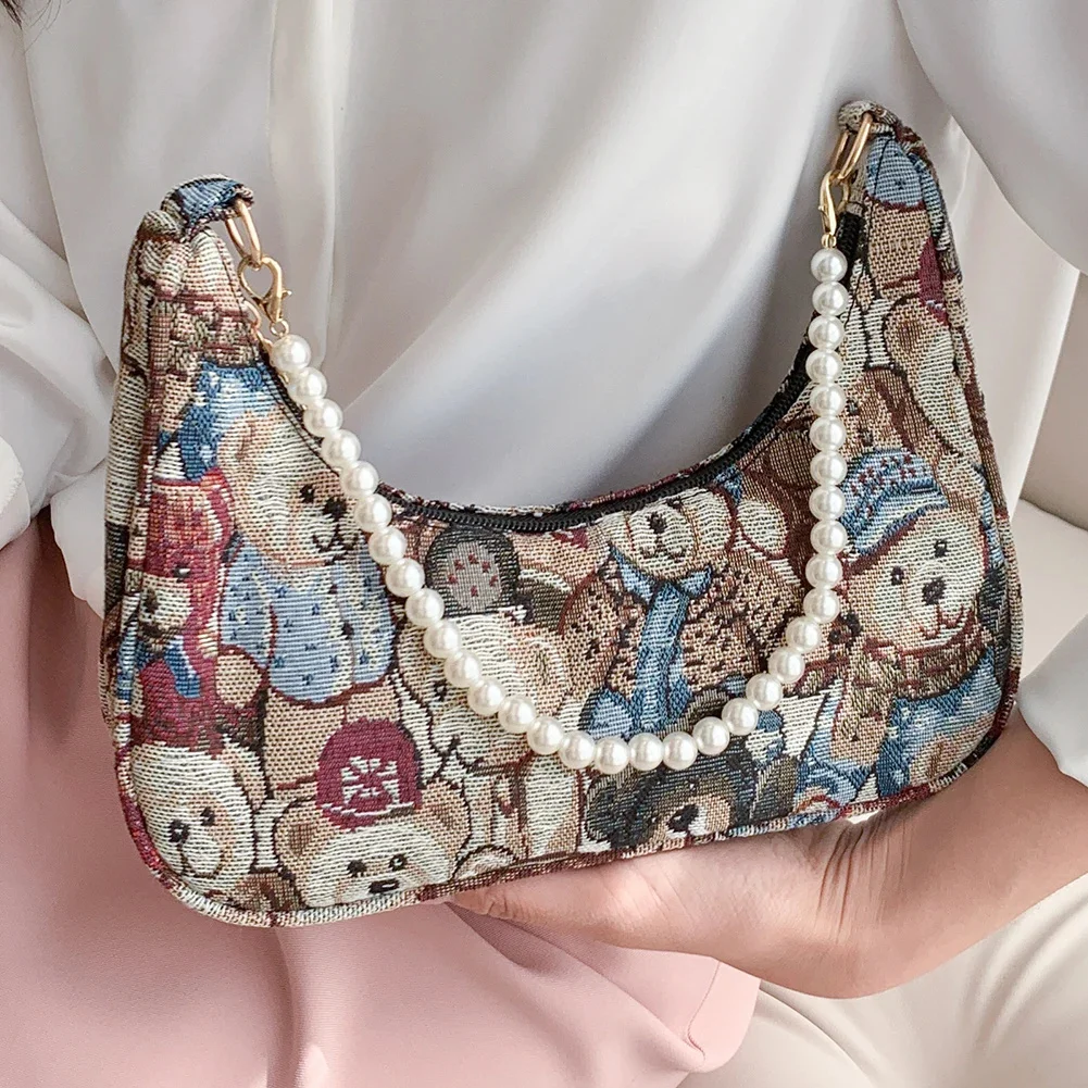 

Cute Kawaii Half-moon Small Armpit Bag Women Shoulder Bag Designer Handbag Luxury High-quality Hobo Bear Pearl Top-Handle Bag