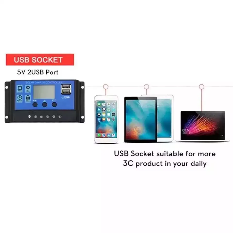 Фото Контроллер заряда солнечной батареи MPPT 10A 20A 30A, двойной USB ЖК-дисплей, 12 В, 24 В, регулятор зарядного устройства панели солнечных батарей с нагрузкой №5