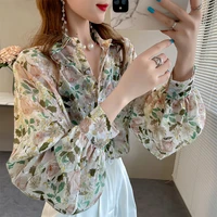 floral embroidered shirt womens summer loose top long sleeves chiffon blusas ladies print blouses