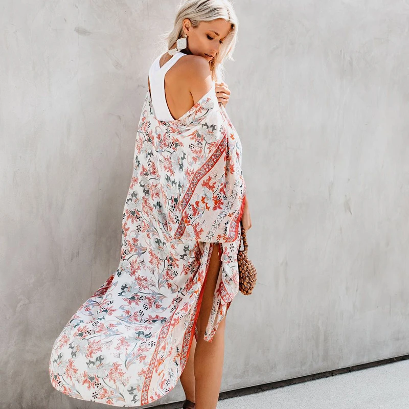 

Beach Wear Deep V Oversize Cover Up Summer 2022 Vintage Floral Print Kimono Dress for Women Casual Half Sleeve Loose Cover-Ups