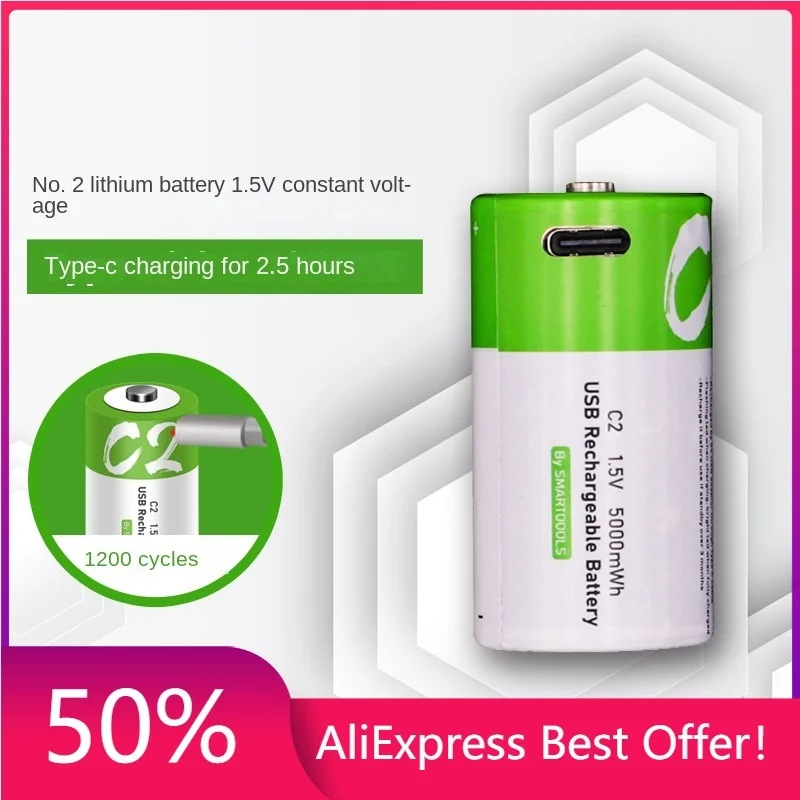 

Rechargeable Batteries 2 Size Type-c Direct ChargingC Lithium Battery 1.5v 5000mWh High Capacity Audiovisual Equipment Wholesale