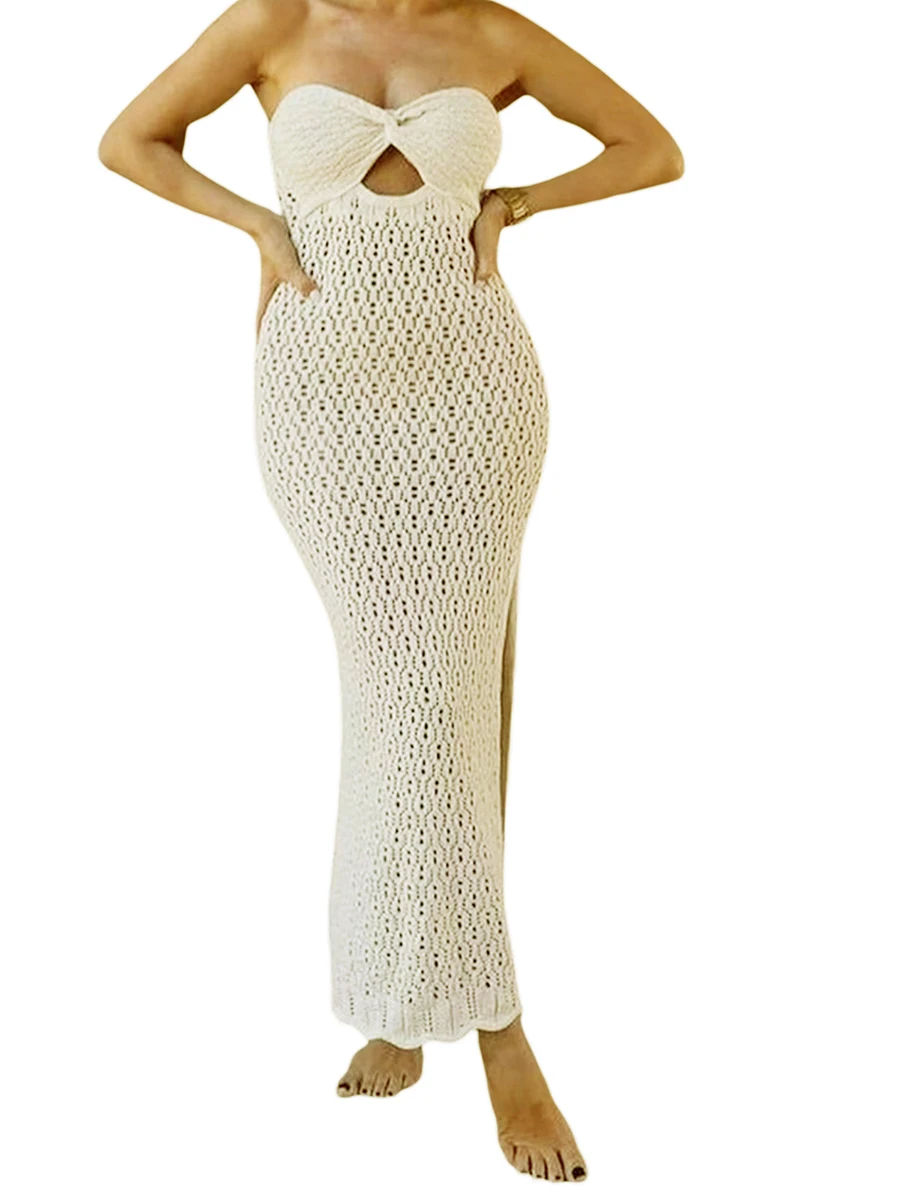 

MXVPY Women s Sexy Knitted Crochet Cut Out See Through Bodycon Long Dresses Beach Streetwear ( 31-Apricot L)