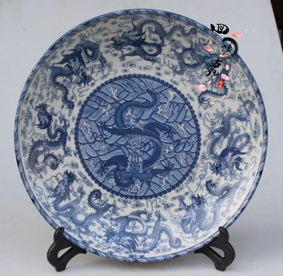 

Exquisite antique blue and white porcelain dragon plate ornament