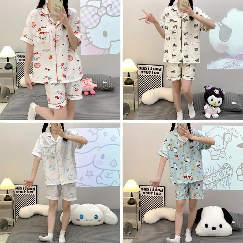 

Sanrios аниме мультфильм Kt Kuromi My Melody Cinnamoroll Pachacco Пижама Kawaii летние хлопковые и льняные свободные шорты с коротким рукавом