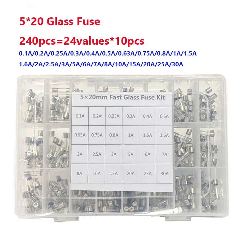 240Pcs 5x20mm Glass Tube Fuse Quick Blow Glass Tube Fuse Ass