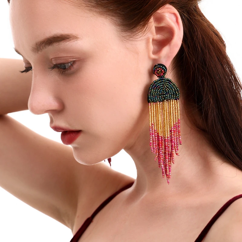 

Boho Colorful Beaded Drop Earrings Vintage Handmade Tassel Rice Beads Earrings Jewelry Women Beach Party Jewelry