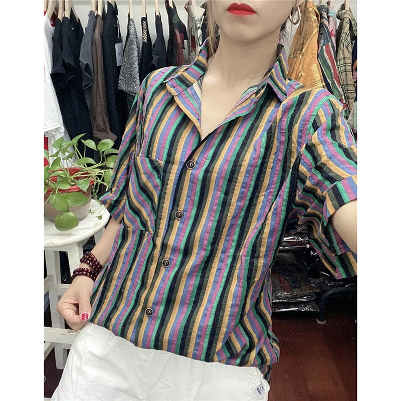 

2022 Summer New Arts Style Women Short Sleeve Loose Casual Shirts Turn-down Collar Cotton Linen Striped Blouse Female Tops C185